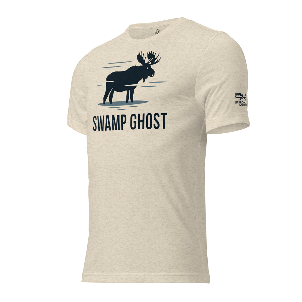Side view of the Men's Swamp Ghost Triblend Tee in Oatmeal Triblend showing the Dark Timber arm emblem