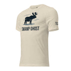 Side view of the Men's Swamp Ghost Triblend Tee in Oatmeal Triblend showing the Dark Timber arm emblem