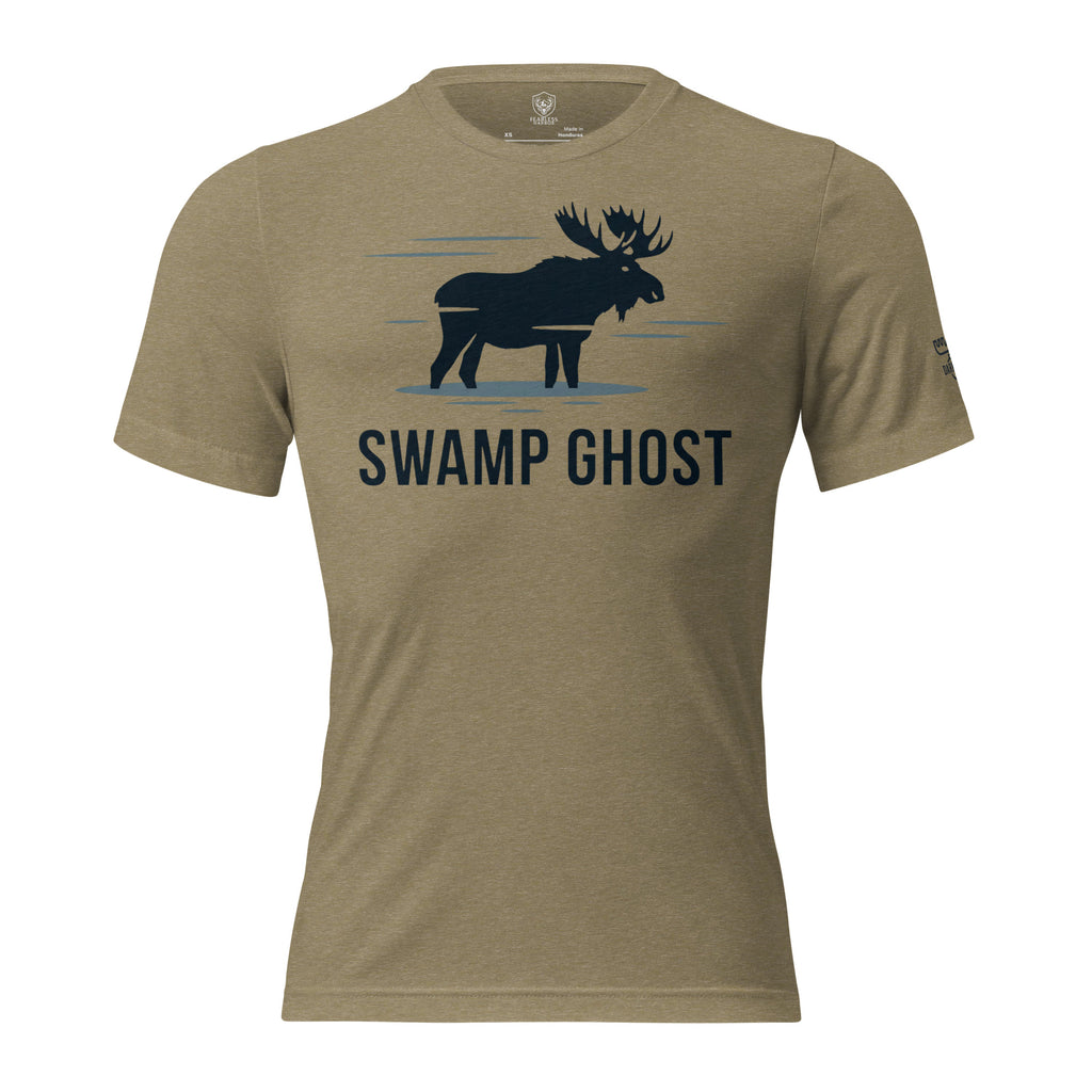 Front view of the Men's Swamp Ghost Triblend Tee in Olive Triblend with Swamp Ghost moose graphic