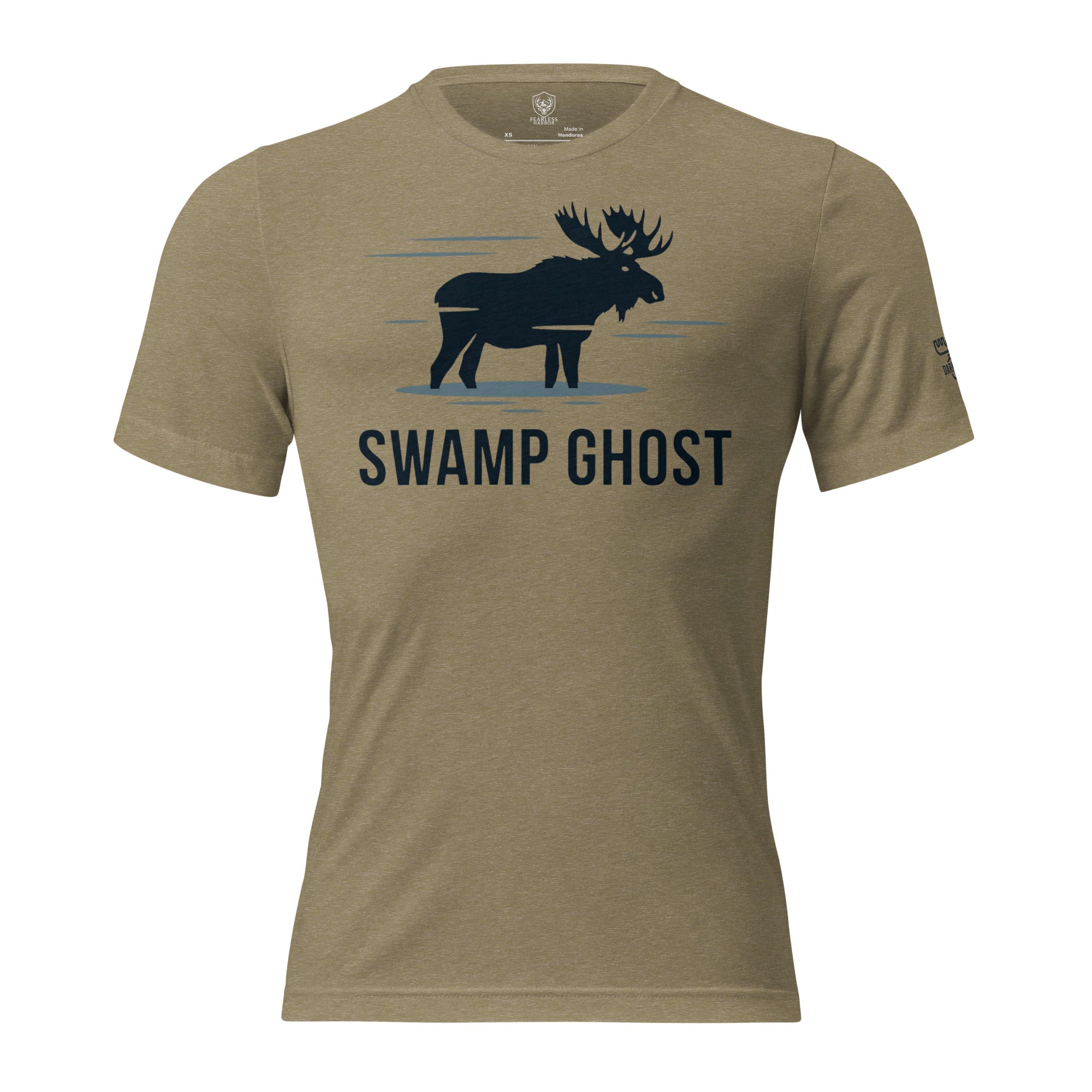 Front view of the Men's Swamp Ghost Triblend Tee in Olive Triblend with Swamp Ghost moose graphic