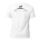 Back view of the Men's High Desert Bowline Mule Deer Tee in White featuring a mule deer on a bowline ridge silhouette