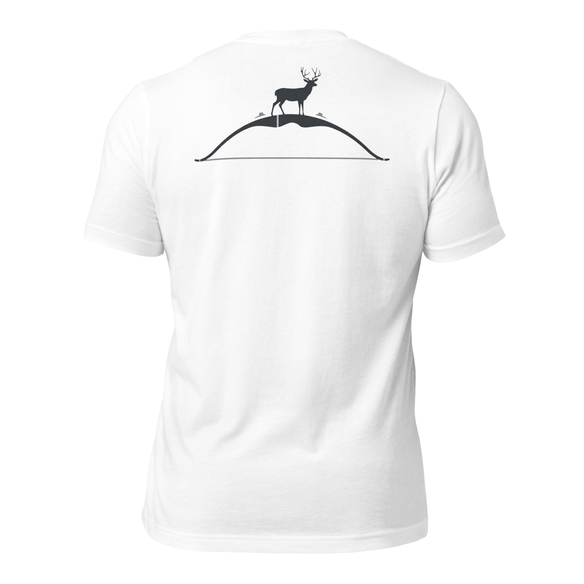 Back view of the Men's High Desert Bowline Mule Deer Tee in White featuring a mule deer on a bowline ridge silhouette