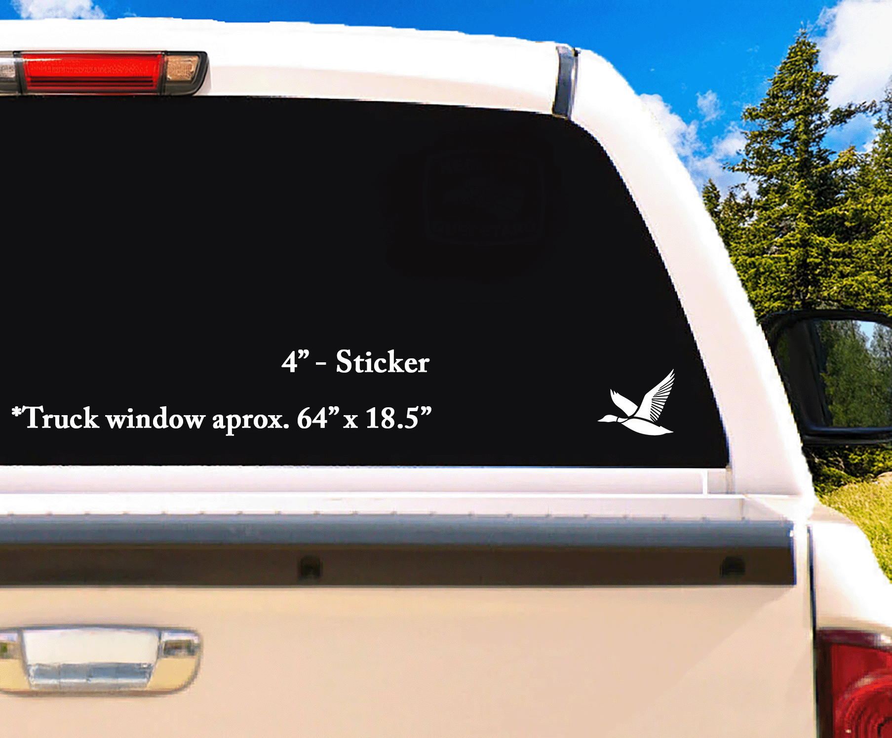 Compact 4" white duck decal placed on the rear window of a truck—sleek and subtle hunting statement.