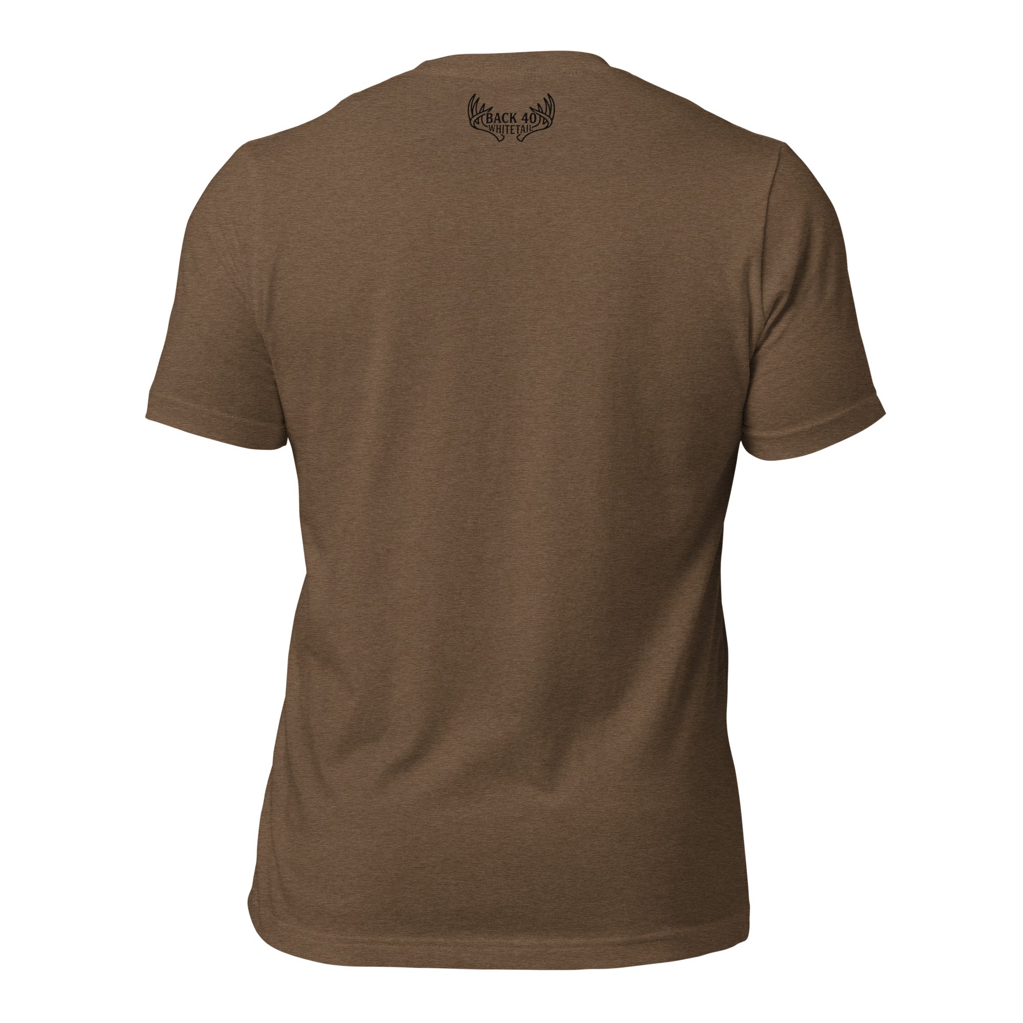 Back view of the Whitetail Ridgewalk Buck Tee in Heather Brown with subtle Fearless Harbor back-neck branding
