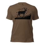 Front view of the Whitetail Ridgewalk Buck Tee in Heather Brown with ridge-walking whitetail buck artwork