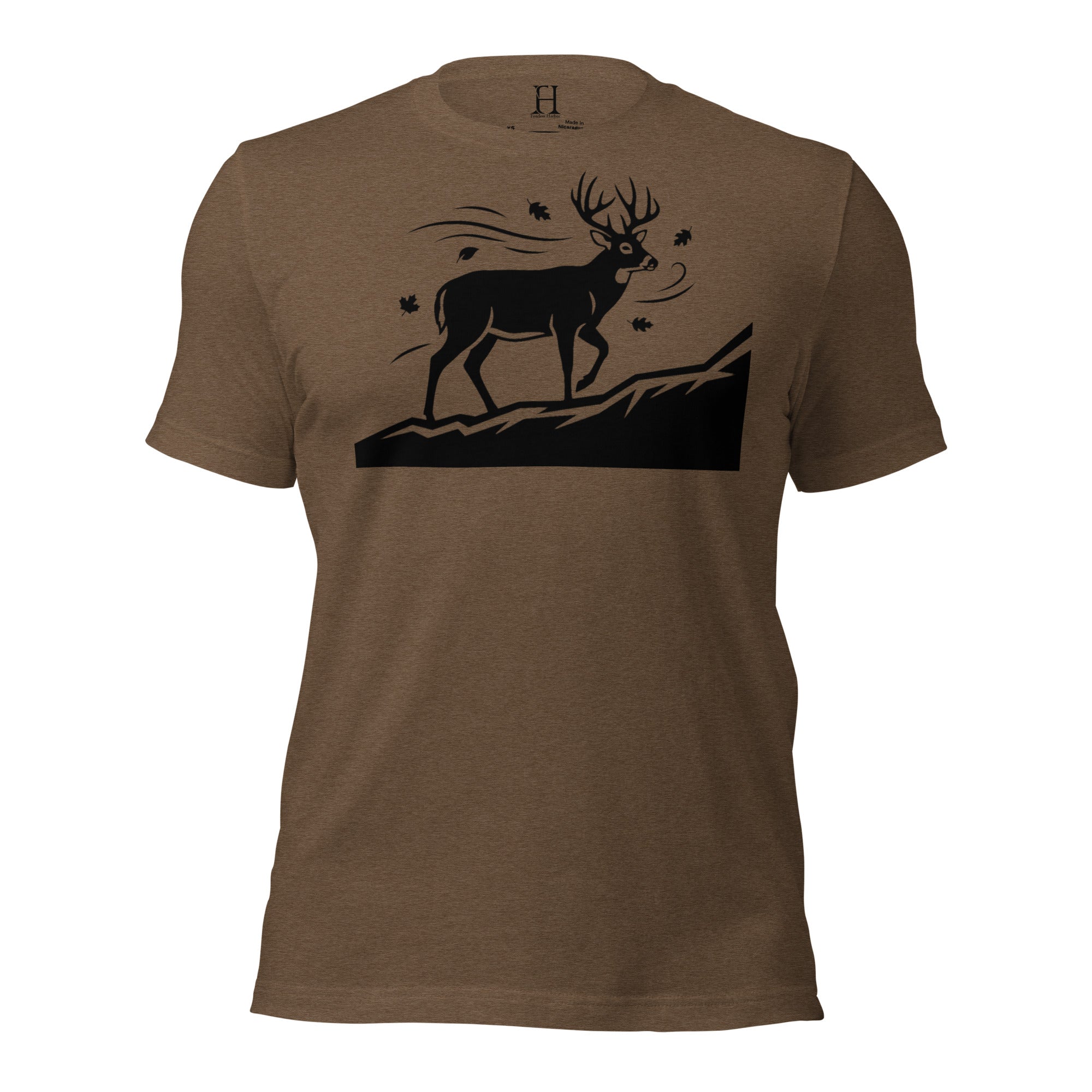Front view of the Whitetail Ridgewalk Buck Tee in Heather Brown with ridge-walking whitetail buck artwork