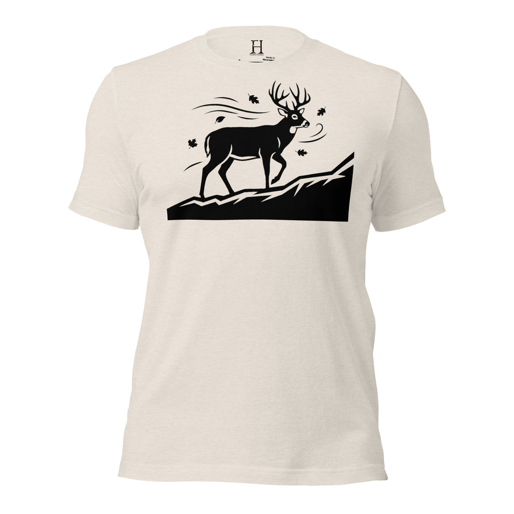 Front view of the Whitetail Ridgewalk Buck Tee in Heather Dust with ridge-walking whitetail buck graphic