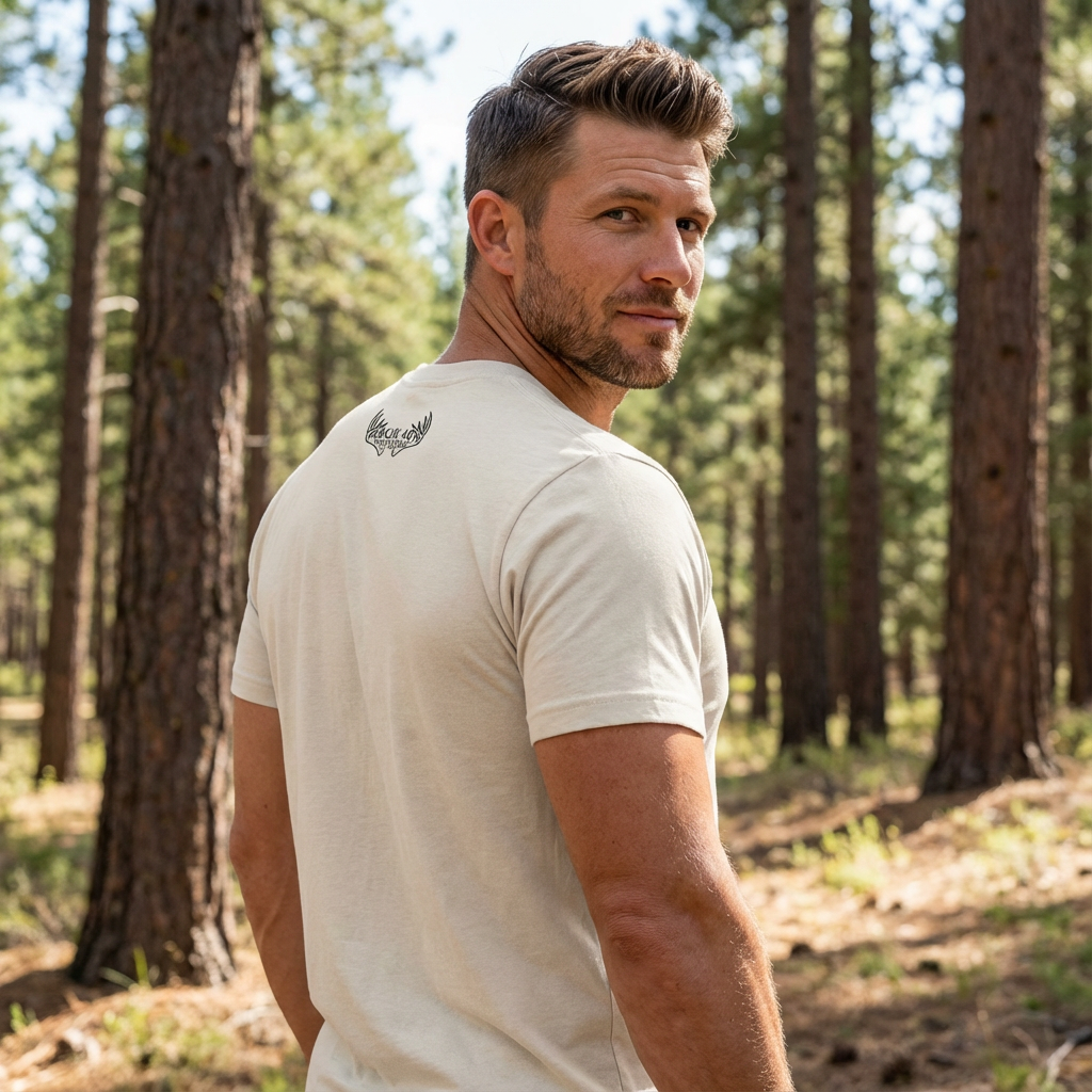 Man outdoors at a tree edge wearing the Whitetail Ridgewalk Buck Tee in Heather Dust – back view