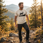 Man outdoors near a treeline wearing the Whitetail Ridgewalk Buck Tee in Heather Dust – front view with ridge-walking whitetail buck graphic