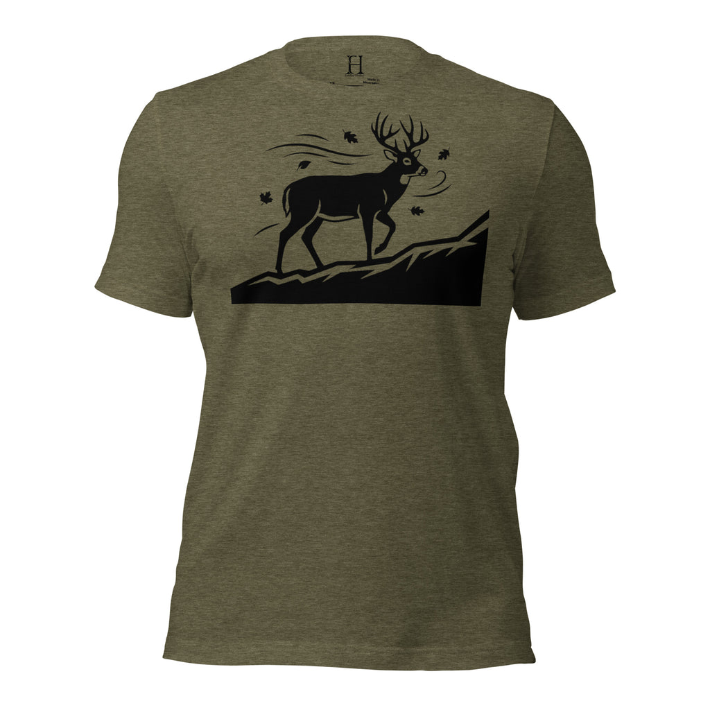 Front view of the Whitetail Ridgewalk Buck Tee in Heather Olive featuring the ridge-walking whitetail buck design