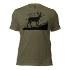 Front view of the Whitetail Ridgewalk Buck Tee in Heather Olive featuring the ridge-walking whitetail buck design