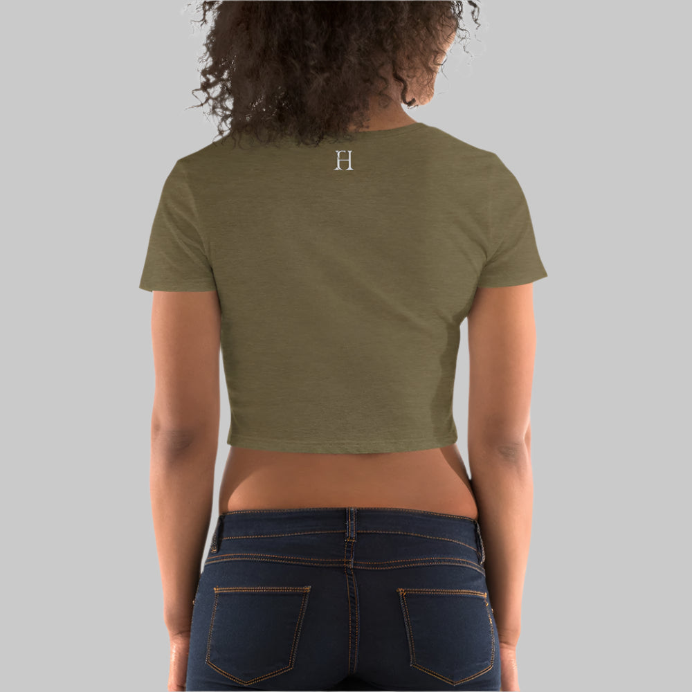 Back of Woman wearing Bold Crop Top Tee in Olive, FH logo in center near collar in white.